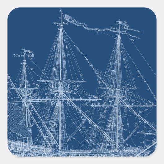 Blauw hoog zeilschip blauwdruk vierkante sticker (Voorkant)