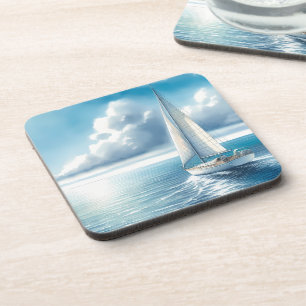 Blauw Horizon Eenzame Zeilboot Bier Onderzetter