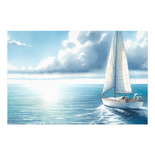 Blauw Horizon Eenzame Zeilboot Foto Afdruk