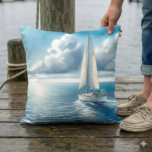 Blauw Horizon Eenzame Zeilboot Kussen