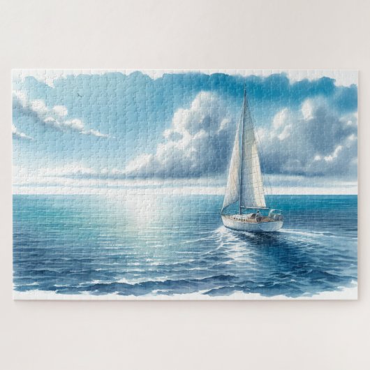 Blauw Horizon Eenzame Zeilboot Legpuzzel (Horizontaal)
