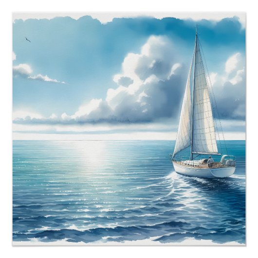 Blauw Horizon Eenzame Zeilboot Perfect Poster (Voorkant)