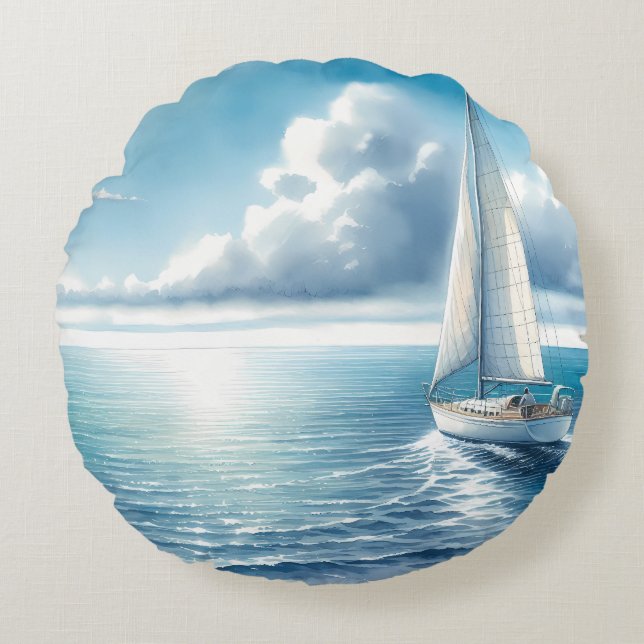 Blauw Horizon Eenzame Zeilboot Rond Kussen (Voorkant)
