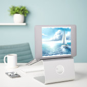 Blauw Horizon Eenzame Zeilboot Sticker (Laptop op bureau)