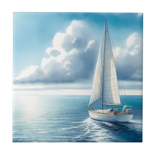 Blauw Horizon Eenzame Zeilboot Tegeltje (Voorkant)