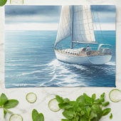 Blauw Horizon Eenzame Zeilboot Theedoek (Gevouwen)