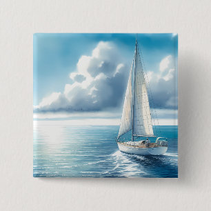 Blauw Horizon Eenzame Zeilboot Vierkante Button 5,1 Cm