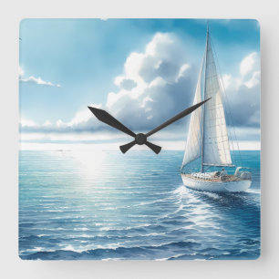 Blauw Horizon Eenzame Zeilboot Vierkante Klok