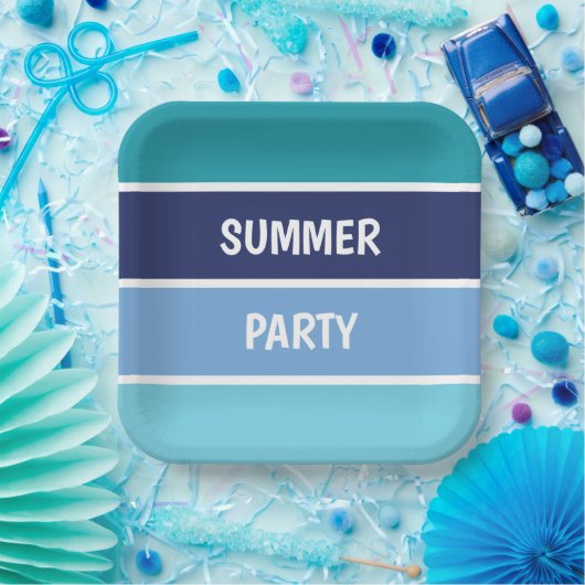 Blauw horizontaal gestreept papieren bordje (Feest)