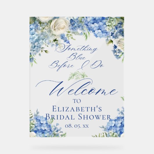 Blauw Hortensia Bruiloft Bridal Shower Welkom Acryl Bord (Voorkant)