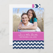 Blauw Hot Pink Foto Sla de datum bruiloft Briefkaa Aankondigingskaart (Voorkant / Achterkant)