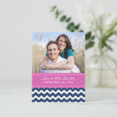 Blauw Hot Pink Foto Sla de datum bruiloft Briefkaa Aankondigingskaart (Staand voorkant)