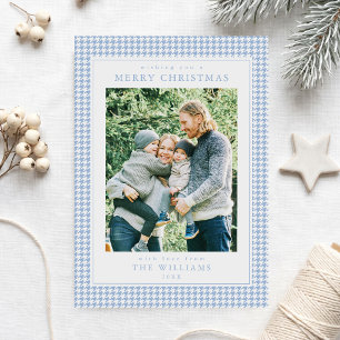 Blauw Houndstooth Kerst Foto Feestdagenkaart