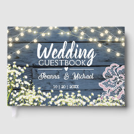 Blauw Hout Baby's Breath Lights & Kant Bruiloft Gastenboek