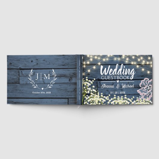 Blauw Hout Baby's Breath Lights & Kant Bruiloft Gastenboek (Volledig)