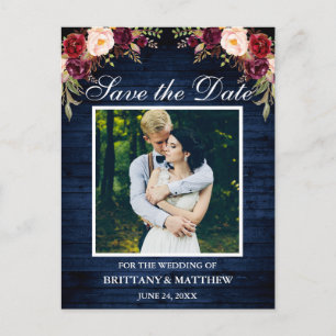 Blauw Hout Bourgogne Bloemenfoto Bewaar de datum Briefkaart