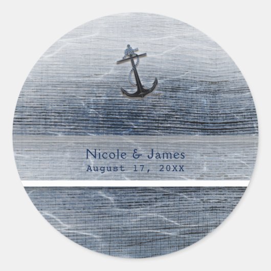 Blauw hout Elegant Nautical Beach Zee Verloving Ronde Sticker (Voorkant)