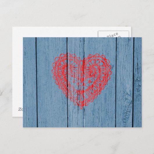  blauw hout en rood gelaatshart briefkaart (Voorkant / Achterkant)