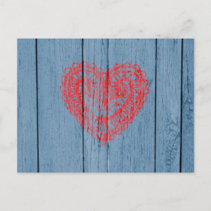 blauw hout en rood gelaatshart briefkaart