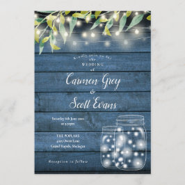Blauw Hout Groene Muurpot Snoer Lichtjes Trouwfees Kaart