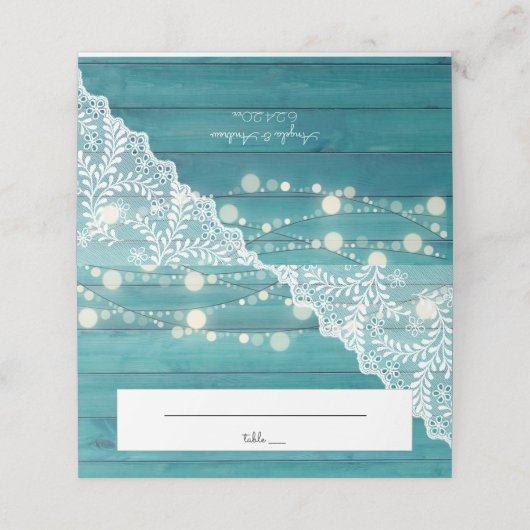 Blauw Hout, Kant & String Lichten Bruiloft Plaatskaartje (Buitenkant ongevouwen)