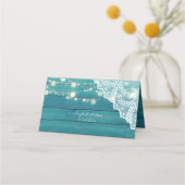 Blauw Hout, Kant & String Lichten Bruiloft Plaatskaartje (Achterkant)