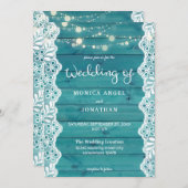 Blauw Hout & Kanten & Lichtslingers Bruiloft Kaart (Voorkant / Achterkant)