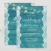 Blauw Hout & Kanten & Lichtslingers Trouwfeest Kaart (Voorkant / Achterkant)