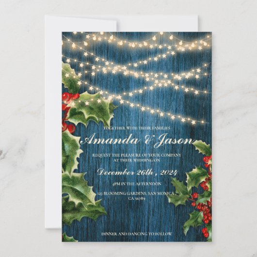 Blauw Hout Licht Berry Kerstmis bruiloft uitnodigi (Voorkant)