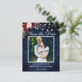 Blauw Hout Lichten Bourgogne Bloemen Save the Date Briefkaart (Staand voorkant)