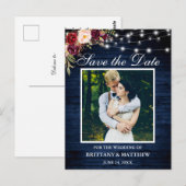 Blauw Hout Lichten Bourgogne Bloemen Save the Date Briefkaart (Voorkant / Achterkant)