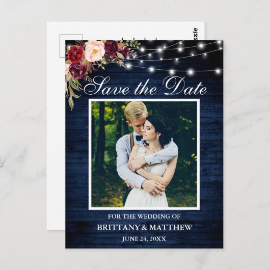 Blauw Hout Lichten Bourgogne Bloemen Save the Date Briefkaart (Voorkant / Achterkant)