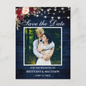 Blauw Hout Lichten Bourgogne Bloemen Save the Date Briefkaart (Voorkant)