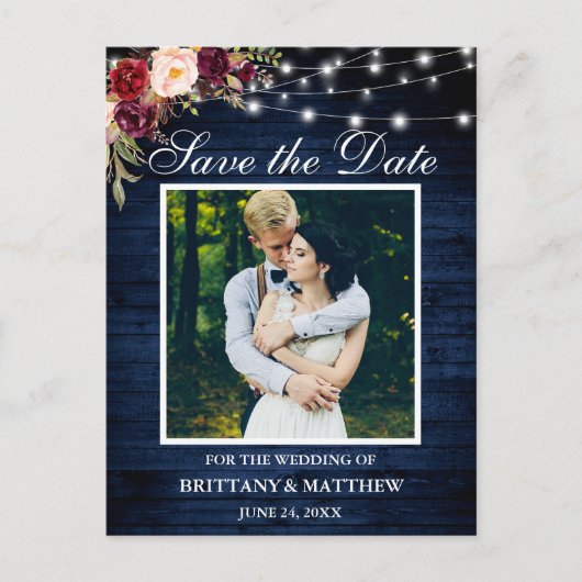 Blauw Hout Lichten Bourgogne Bloemen Save the Date Briefkaart (Voorkant)