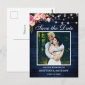Blauw Hout Lichten Roze Bloemen Foto Save the Date Briefkaart (Voorkant / Achterkant)
