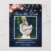 Blauw Hout Lichten Roze Bloemen Foto Save the Date Briefkaart (Voorkant)