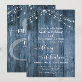 Blauw Hout & Lichten Trouwviering Calligrafie Kaart