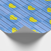 Blauw hout met geel hart cadeaupapier (Hoek)