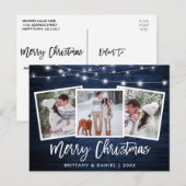 Blauw hout met penseelscript 3 Kerstmis foto's Briefkaart (Voorkant / Achterkant)