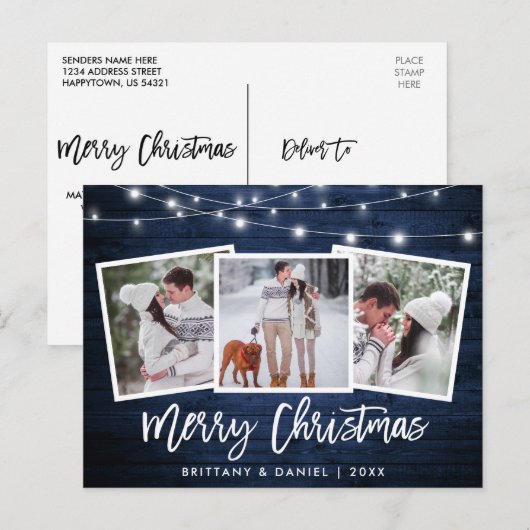 Blauw hout met penseelscript 3 Kerstmis foto's Briefkaart (Voorkant / Achterkant)