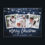 Blauw hout met penseelscript 3 Kerstmis foto's Briefkaart<br><div class="desc">Rustic Blue Wood Brush Script 3 Foto Merry Kerstcard met String Lights</div>
