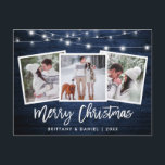 Blauw hout met penseelscript 3 Kerstmis foto's Briefkaart<br><div class="desc">Rustic Blue Wood Brush Script 3 Foto Merry Kerstcard met String Lights</div>