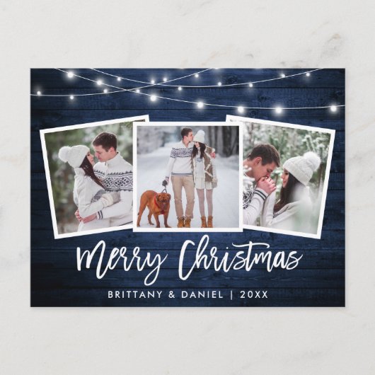 Blauw hout met penseelscript 3 Kerstmis foto's Briefkaart (Voorkant)