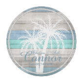 Blauw hout Nautische strepen en palmbomen Snijplank (Voorkant)