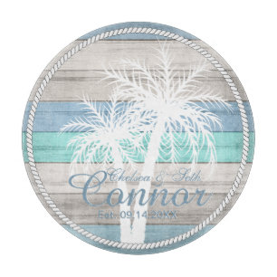 Blauw hout Nautische strepen en palmbomen Snijplank