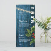 Blauw Hout Rode Bessen Kerstmis Bruiloft Menu (Staand voorkant)