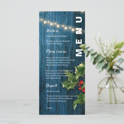 Blauw Hout Rode Bessen Kerstmis Bruiloft Menu (Staand voorkant)