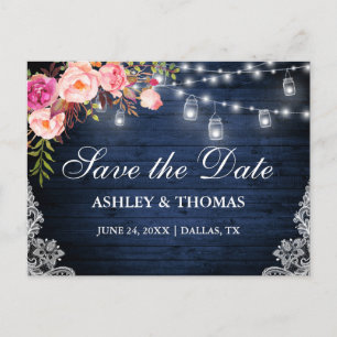 Blauw Hout Roze Bloemen Jar Lights Save the Date Aankondigingskaart