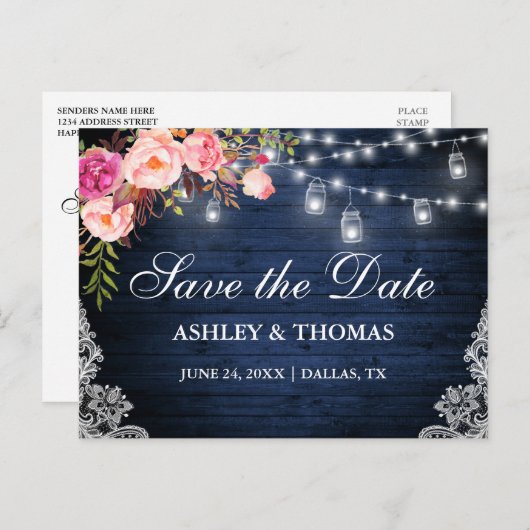 Blauw Hout Roze Bloemen Jar Lights Save the Date Aankondigingskaart (Voorkant / Achterkant)