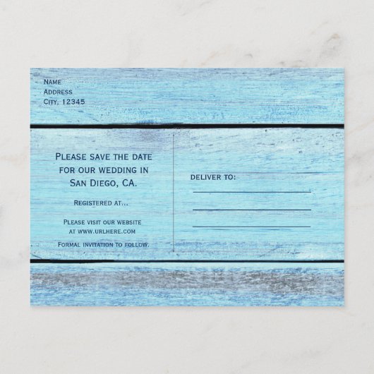 Blauw Hout Strand Tropisch Bewaar De Datum Kaart (Achterkant)